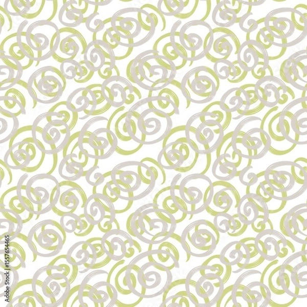 Fototapeta Seamless abstract geometric pattern. Background in grey, lime green, white. Illustration. Lines, meanders, circles. Design for textile fabrics, wrapping paper, background, wallpaper, cover.