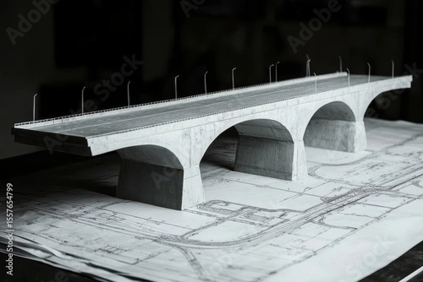 Fototapeta Architectural model of a concrete bridge with arches on top of a blueprint in a dark environment
