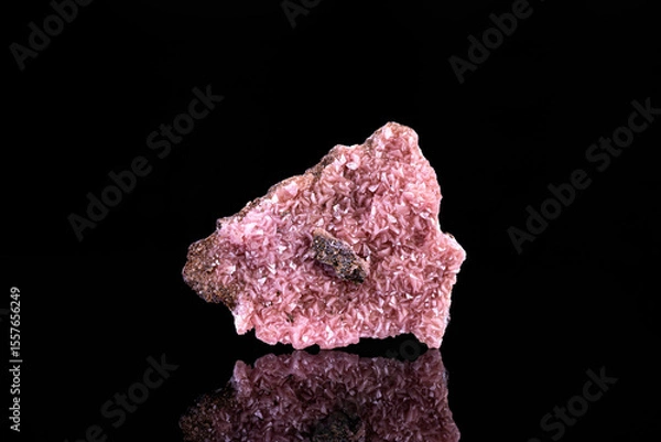Obraz Pink Rhodochrosite crystals. Specimen from N'Chwaning 2, South Africa. photography isolated on black background. macro detail close-up mineral crystal unpolished semi-precious gemstone.
