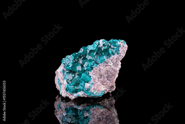 Fototapeta Dioptase. Specimen from Tsumeb Mine, Namibia. photography isolated on black background. macro detail close-up mineral crystal unpolished semi-precious gemstone.

