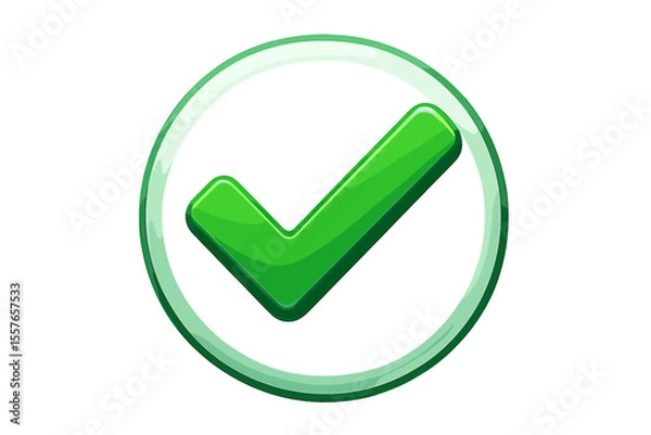 Fototapeta 3D check mark vector icon. Green glossy tick symbol in a circle button. Yes sign for approval, correct answer, and success. Confirmation element for web, isolated on white background.