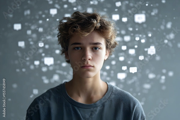 Obraz Young person with social media icons showing addiction Generative AI
