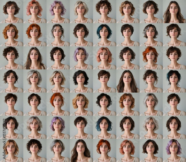 Obraz Collage of photos of women with different haircuts and hair colors, style selection concept. Generative AI