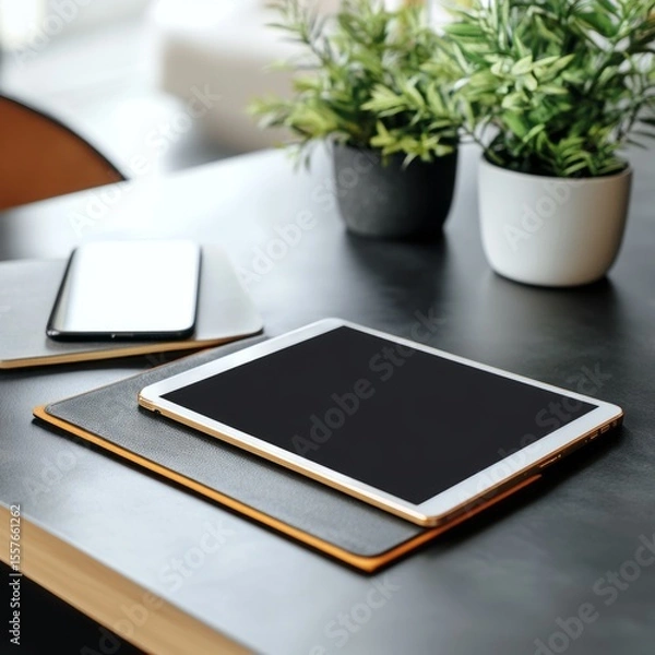 Fototapeta Modern Workspace: A sleek and organized workspace with a focus on technology and natural elements, inviting productivity and creativity.