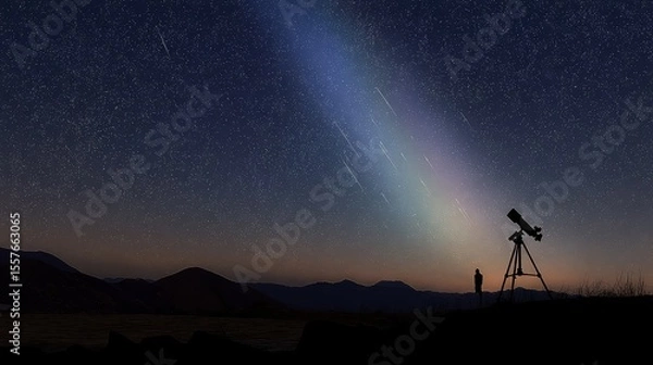 Fototapeta Refractor telescope on a tripod silhouetted against bright meteor shower