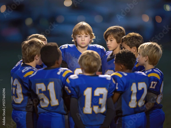 Obraz Group of young male athletes in blue football uniforms huddled together on the field, focused on strategy and teamwork during a game, showcasing camaraderie and determination