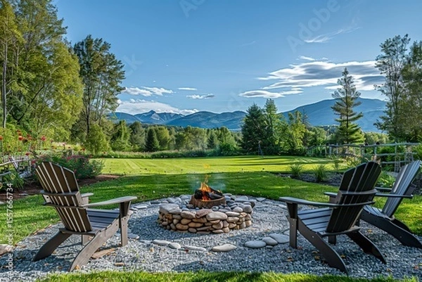 Fototapeta A large, open yard with a family-sized fire pit, Adirondack chairs, and a view of the mountains in the distance. 