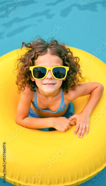 Fototapeta Happy caucasian child enjoying summer in pool with yellow float and sunglasses