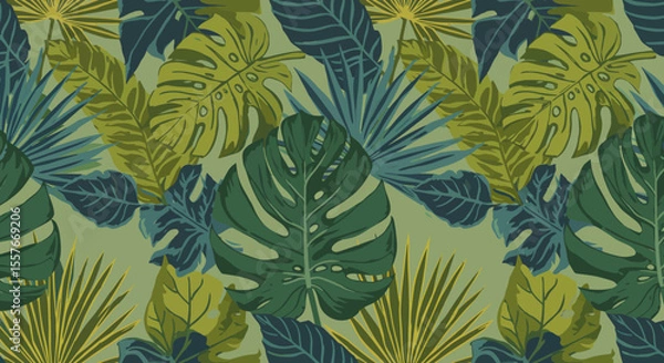Obraz Lush Tropical Foliage Pattern with Monstera Palm and Broadleaf Plants.