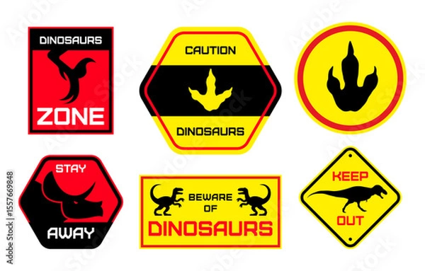 Fototapeta Set of warning signs with dinosaur silhouettes and footprints in red, yellow, and black. Prehistoric danger zone icons in flat vector style, perfect for themed parks, posters, or educational use
