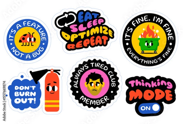Fototapeta Set of colorful vector stickers with funny and motivational tech-themed quotes. Includes illustrations of burnout, coding, sleep, and debugging humor. Perfect for developers, laptops.
