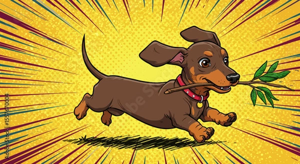 Obraz Joyful Dachshund Running with a Stick Whimsical Comic Book Style Illustration