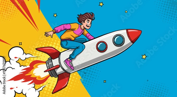 Obraz Boy Riding Rocket to the Stars Pop Art Style Illustration