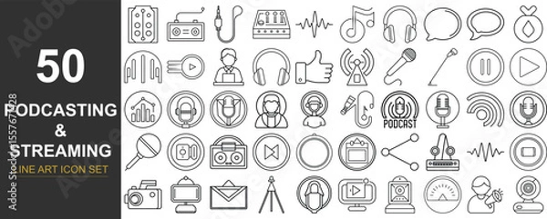 Fototapeta 50 Vector Line Art Icons of Podcast and Streaming Equipment Featuring Studio Gear, Digital Audio Tools, and Online Broadcasting Elements for Web, Mobile UI, and Content Creators