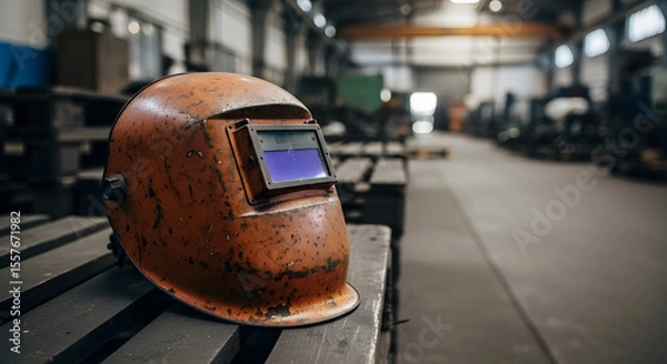 Fototapeta Old Welding Helmet on a Pallet in a Metalworking Factory Workshop