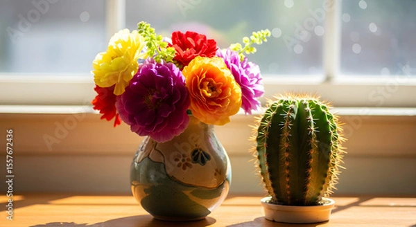 Fototapeta Colorful Ranunculus Flower Bouquet and Cactus on a Sunlit Windowsill