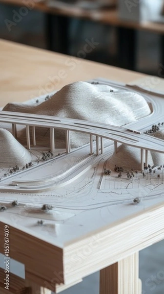 Fototapeta Detailed architectural model showcasing a bridge over a landscape with rolling hills and roads