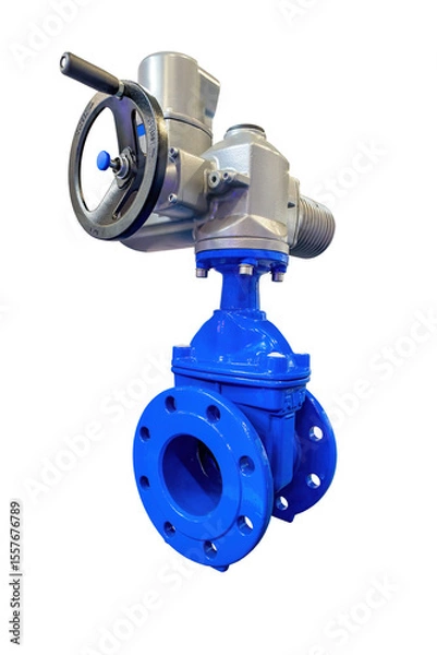 Fototapeta Innovative valve design showcasing sturdy construction and precision engineering in vibrant blue. Isolated on white background.