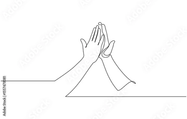 Fototapeta Continuous One Line Drawing High Five Hands. Teamwork Success Celebration, One line drawing of two men giving high fives gesture hands. Two friends smile with their hands up and clap their palms.