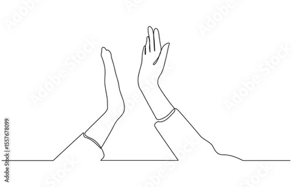 Fototapeta Continuous One Line Drawing High Five Hands. Teamwork Success Celebration, One line drawing of two men giving high fives gesture hands. Two friends smile with their hands up and clap their palms.