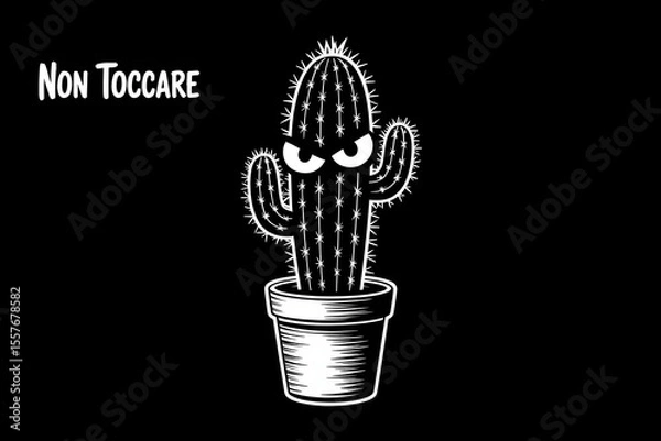 Obraz Black & white vector of potted cactus with sharp spines and sinister eyes; "Non Toccare" text above; minimalist, isolated, playfully defiant design on black backdrop.