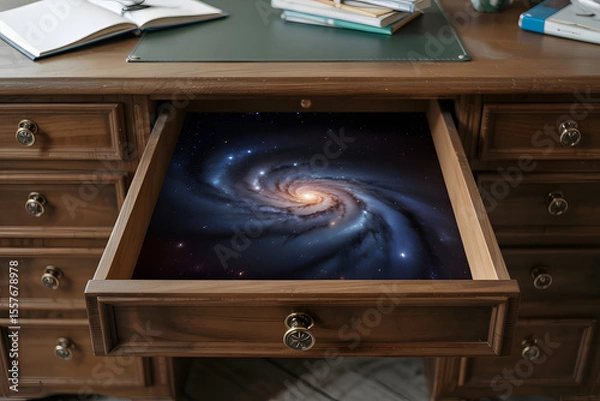 Obraz An open drawer in a wooden desk revealing an endless tunnel of stars and galaxies, defying physics, concept of hidden depth and mystery