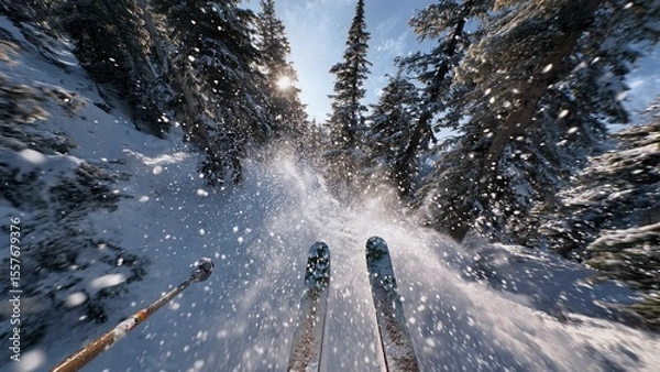 Fototapeta First-person perspective capturing a skier racing downhill on a snowy slope, weaving through a dense forest of pine trees, with snow spraying up under a bright winter sun