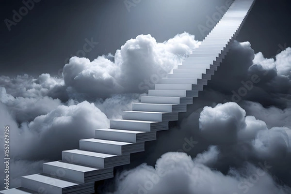 Obraz A stack of paper sheets forming a staircase that leads into a cloud, each step fading into mist, metaphor for rising ideas and intangible dreams