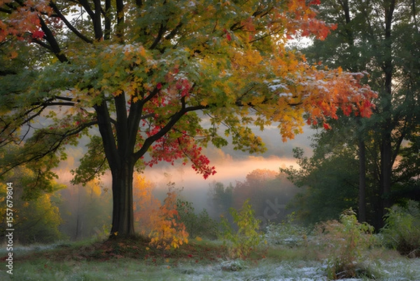 Obraz Photo of solitary maple tree in autumn clearing with vibrant scarlet, gold, and crimson leaves, delicate snowflakes, misty hills, and warm late afternoon sunlight.