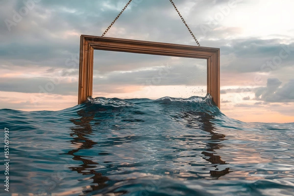Obraz A hanging picture frame containing a real ocean that spills waves outside its borders, blending frame and reality, surreal freedom concept