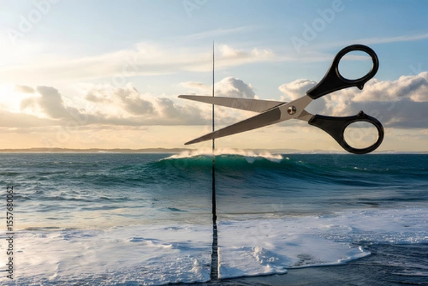 Obraz A pair of scissors cutting a straight line across the ocean, with waves perfectly split and frozen along the cut, surreal control of nature