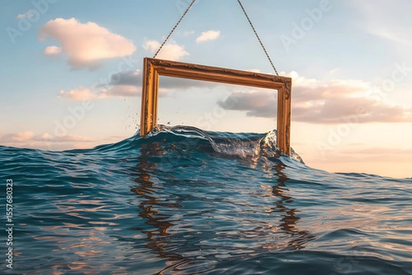 Obraz A hanging picture frame containing a real ocean that spills waves outside its borders, blending frame and reality, surreal freedom concept