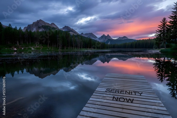 Obraz Photo of tranquil mountain lake at sunrise, fiery sky reflected on still water, jagged peaks, wooden dock with �Serenity Now� carving, evergreen silhouettes.