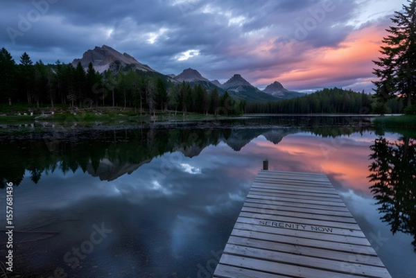 Obraz Photo of tranquil mountain lake at sunrise, fiery sky reflected on still water, jagged peaks, wooden dock with �Serenity Now� carving, evergreen silhouettes.