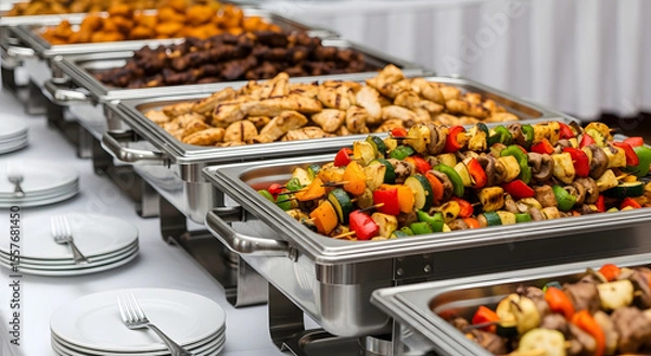 Fototapeta Catering Buffet Line with a Variety of Hot Food in Chafing Dishes for an Event