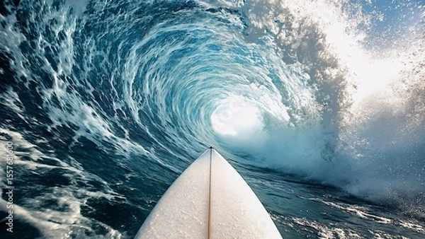 Fototapeta Surfing inside blue ocean wave tube barrel with surfboard point of view perspective creating a breathtaking and dynamic watersport action scene