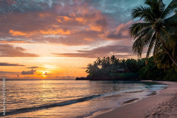 Obraz Tropical beach sunrise with orange, pink, and blue sky, calm ocean reflecting colors, palm trees, golden sand, rocks, and distant building.