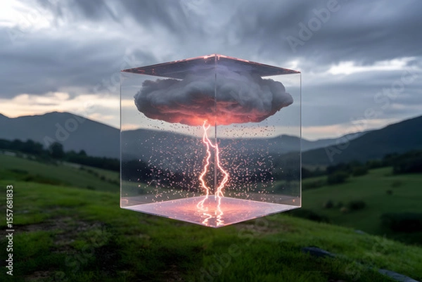 Obraz A transparent cube floating in the air, containing a miniature thunderstorm inside, with rain gently falling onto nothingness beneath it
