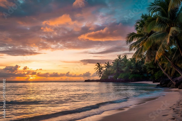 Obraz Tropical beach sunrise with orange, pink, and blue sky, calm ocean reflecting colors, palm trees, golden sand, rocks, and distant building.