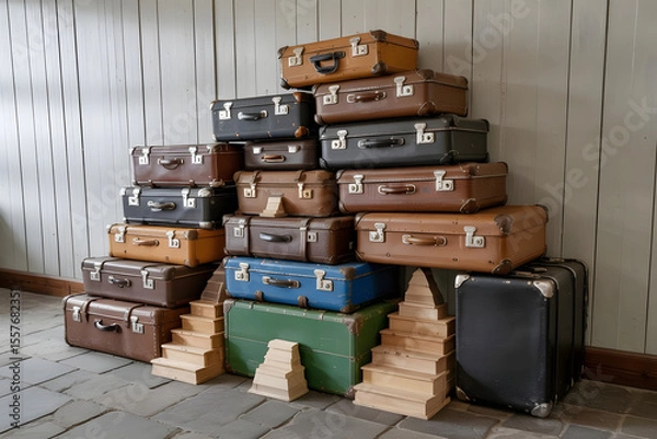 Obraz A stack of old suitcases forming the shape of a mountain, with tiny stairways and doors carved into their sides, symbol of journey and memory