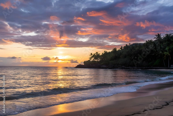 Obraz Tropical beach sunrise with orange, pink, and blue sky, calm ocean reflecting colors, palm trees, golden sand, rocks, and distant building.
