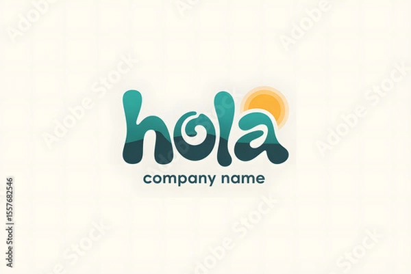 Obraz Playful turquoise "Hola" logo with modern charcoal text, subtle circular gradient, and a minimalist sun icon on a clean white background, evoking warmth and positivity.