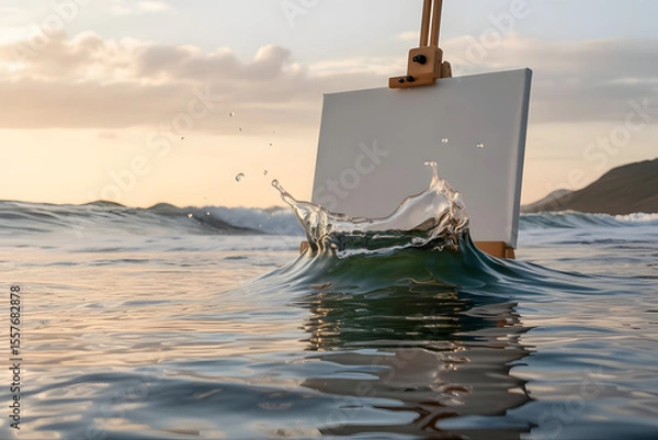 Obraz A blank canvas on an easel with a real ocean wave splashing out from its center, blending painting and nature into one living moment