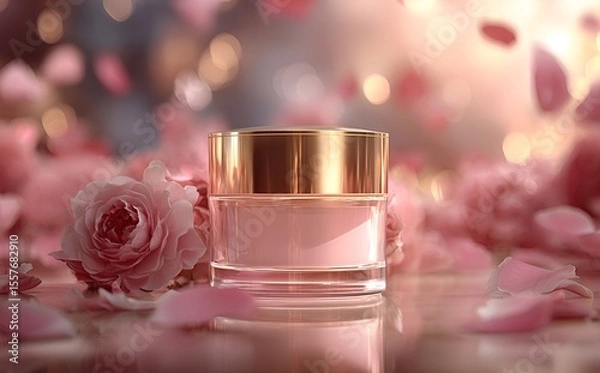 Fototapeta Luxurious face cream with rose petals, Face cream jar with rose petals in the air.Makeup face skin cream with rose flower petals. generative ai