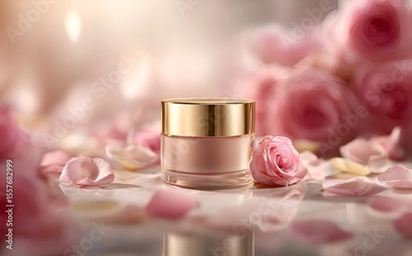 Fototapeta Luxurious face cream with rose petals, Face cream jar with rose petals in the air.Makeup face skin cream with rose flower petals. generative ai