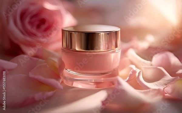 Fototapeta Luxurious face cream with rose petals, Face cream jar with rose petals in the air.Makeup face skin cream with rose flower petals. generative ai