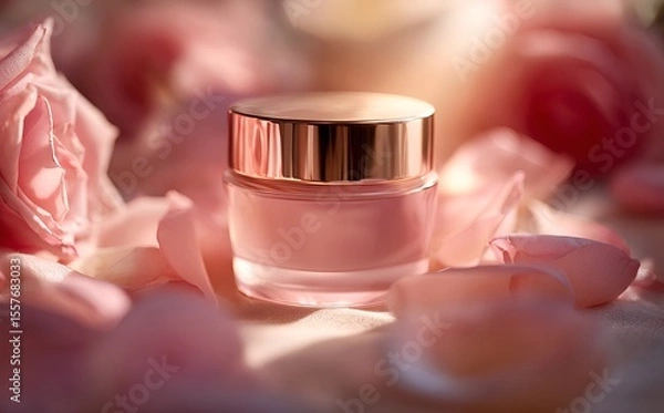 Fototapeta Luxurious face cream with rose petals, Face cream jar with rose petals in the air.Makeup face skin cream with rose flower petals. generative ai
