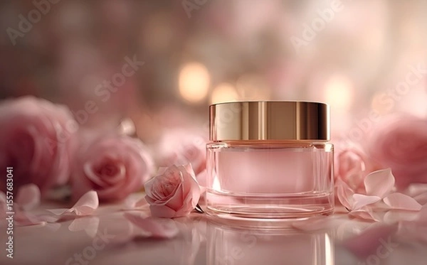 Fototapeta Luxurious face cream with rose petals, Face cream jar with rose petals in the air.Makeup face skin cream with rose flower petals. generative ai