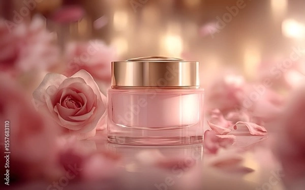 Fototapeta Luxurious face cream with rose petals, Face cream jar with rose petals in the air.Makeup face skin cream with rose flower petals. generative ai