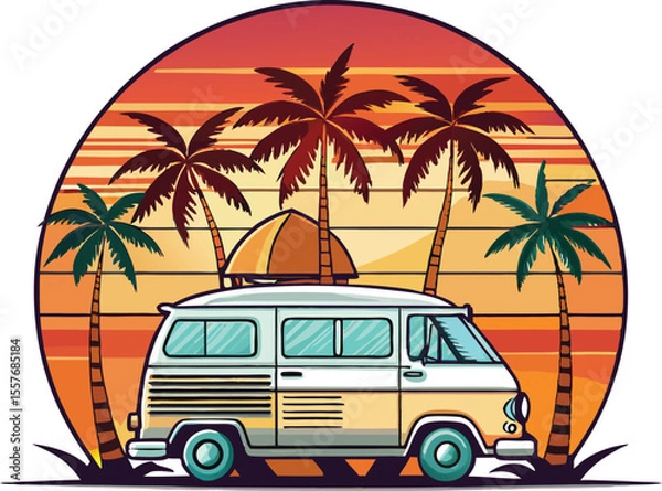 Fototapeta Vector art of a retro camper van parked on a tropical beach at sunset